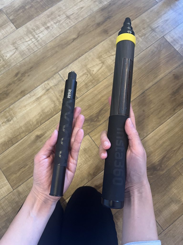 Insta360 超長い自撮り棒と見えないアクション自撮り棒の大きさを比べた画像