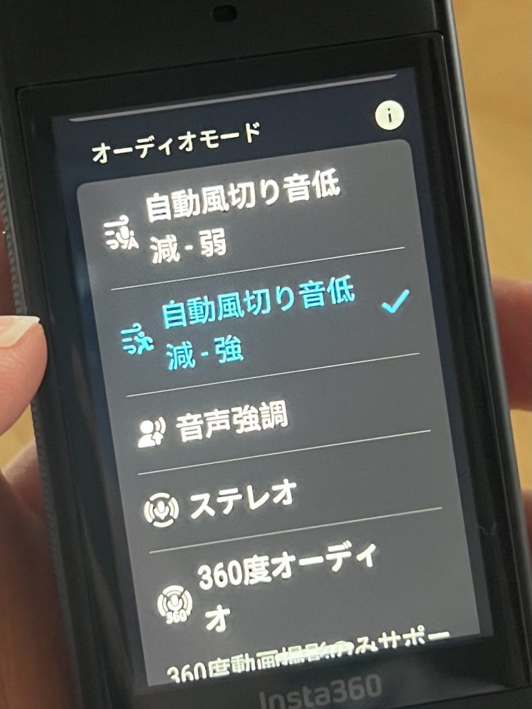 X5のオーディオ設定、風切り音低減の画面